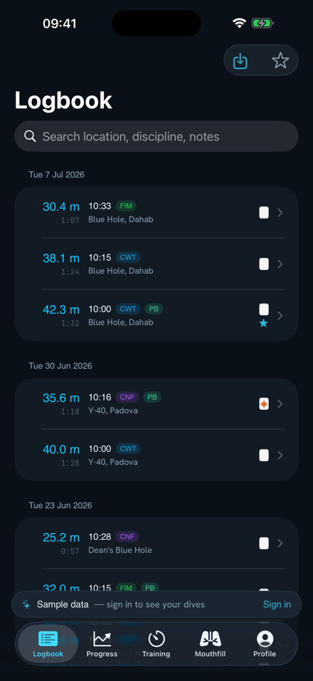Freediving logbook with depths, times, disciplines and locations