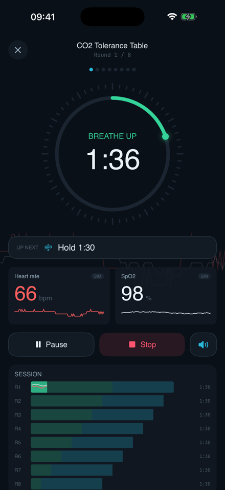 Guided CO2 table player with breathe-up timer, heart rate and SpO2