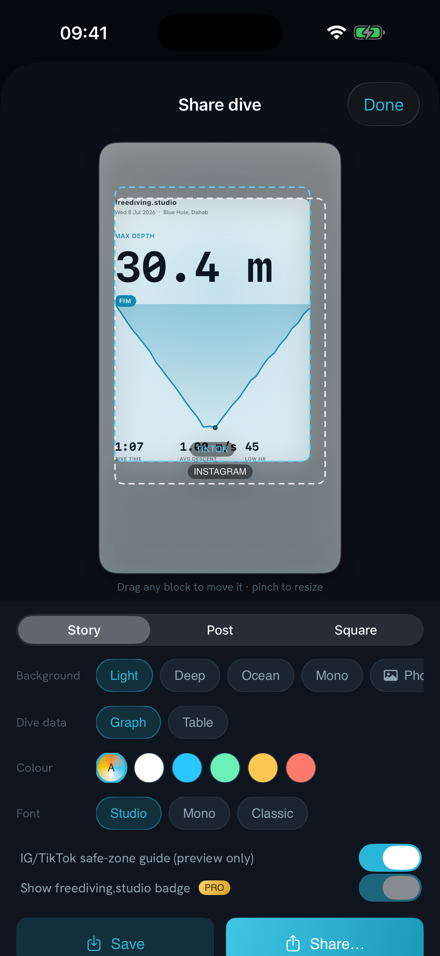 Share editor on iPhone: dive card with photo background for social media